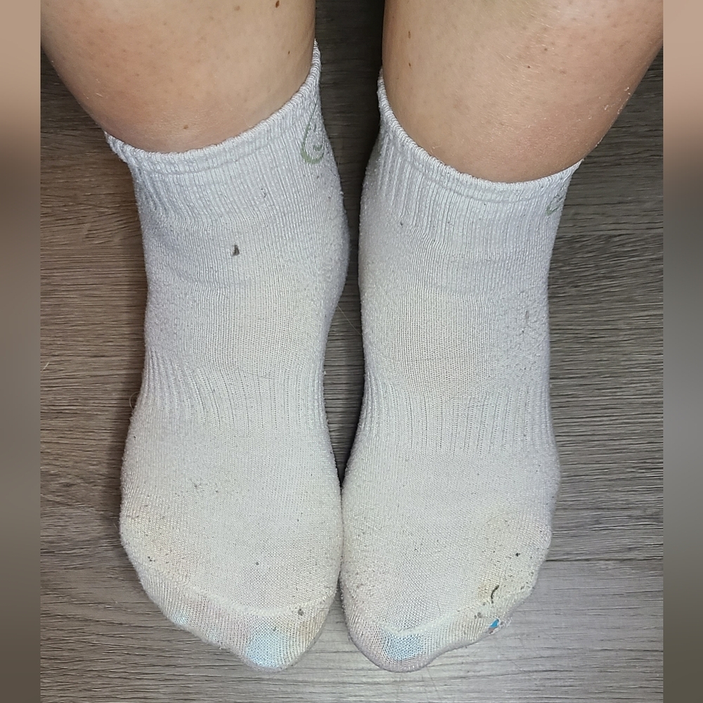 Distressed Worn White Ankle Socks with Green Smiley Face